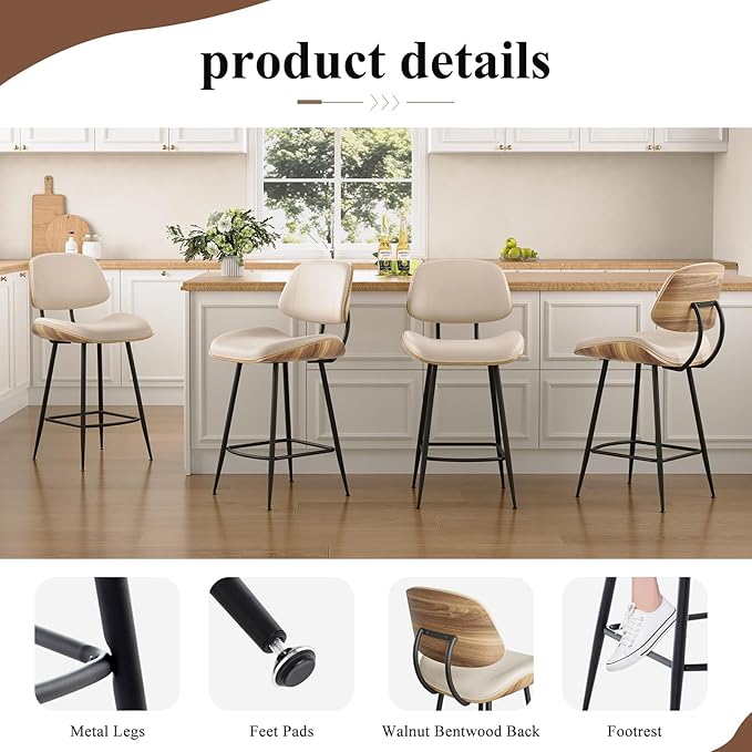 Mid Century Modern Bar Stools Set of 4, PU Leather Counter Height Stools with Walnut Bentwood Back & Metal Legs, 26.7" Barstools Kitchen Island Chairs with Footrest for Home Bars, Beige