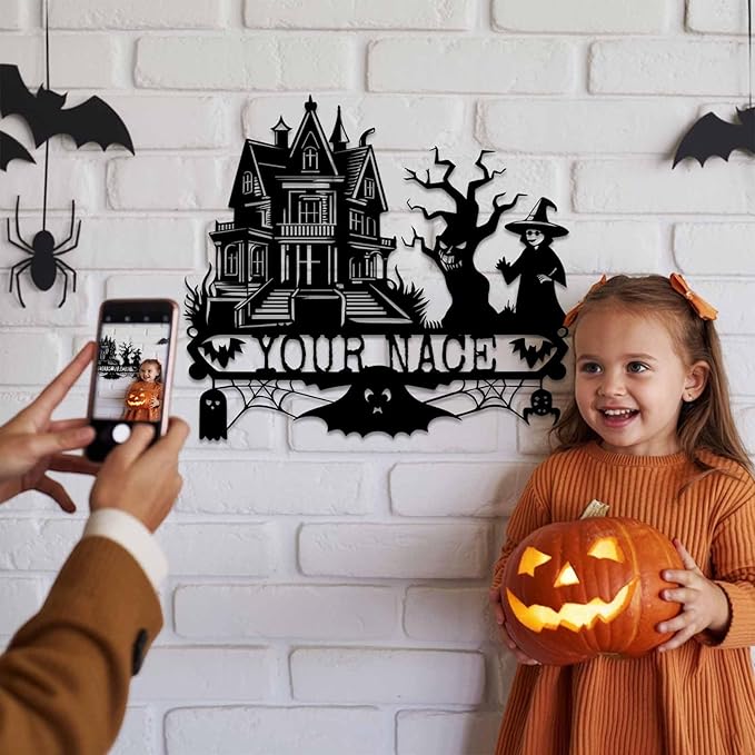 Custom Halloween Metal Wall Art with Family Name, Personalized Haunted House Metal Sign with Witch Bats Pumpkins Skull Ghost Spider, Spooky Decor for Halloween Party, Living Room, Man Cave