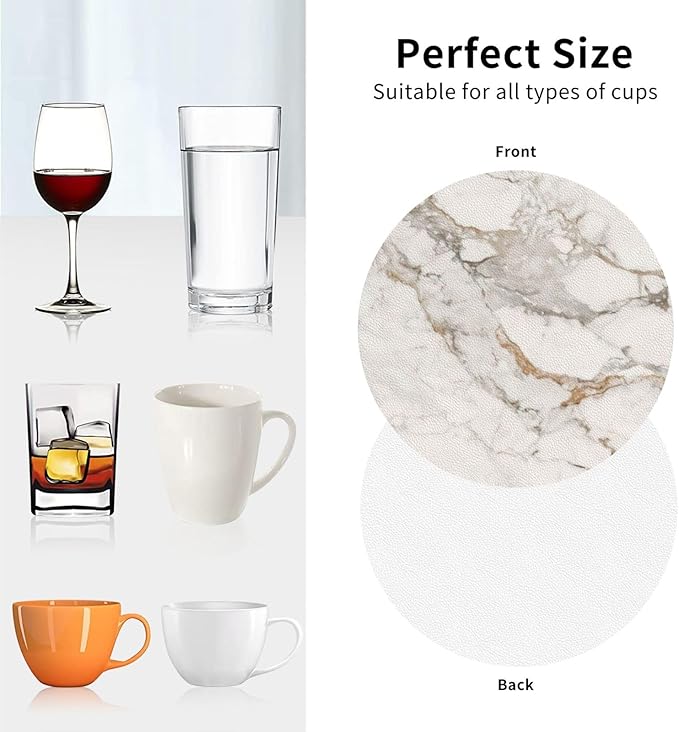 White Grey Gold Marble Coasters Set of 6 Coasters for Drinks Absorbent Double-Sided Leather PVC Coaster for Tabletop Protection Coffee Table Decor Ideal for Home Decor House Warming Gifts