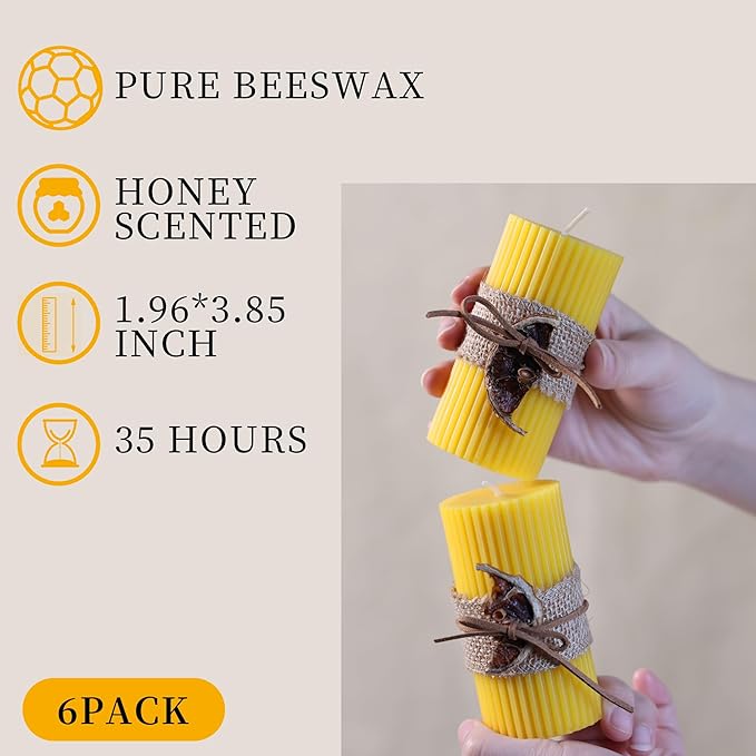 6 Pack Pure Beeswax Pillar Candles Bulk-210 Hours, Organic Bees Wax Candles for Home Decor-2x4 Inch, Unscented Natural Bees Wax Pillar Bulk Candles for Relaxing, Wedding, Party