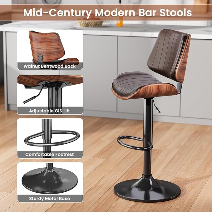 Swivel Bar Stools Set of 2, Adjustable Bentwood Barstools for Kitchen Counter, Modern PU Leather Upholstered Bar Chair with Back and Footrest, for Kitchen Island, Bar, Dining Room, Brown