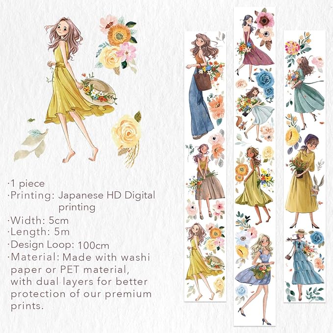 WT Carefree Washi Tape, Original Designs, Characters Figures Girls Decorative, Craft, Bujo Planner Supplies, Watercolor Flower Tape, DIY Journaling Supplies