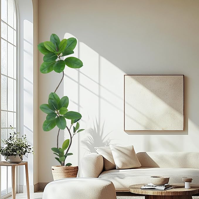 Artificial Rubber Tree Plant, 6ft Tall, Green with Round Planter, All Season Home Decor (Green,6ft)