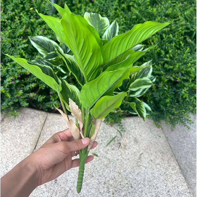 4 Bushes Perennial Hosta Artificial Variegated Green Leave Plant 15.7" Faux Dieffenbachia Tropical Plant Outdoor Shrubs Indoor Yard Decor