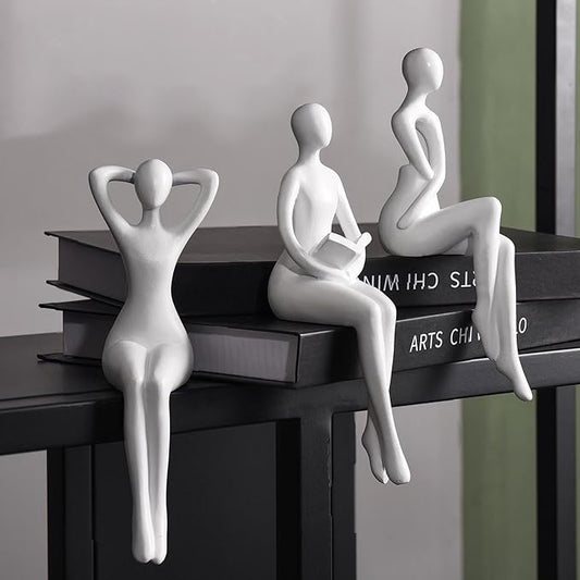 Quoowiit White Thinker Statue Unique Ornament Sculpture, Art Modern Home Decor Accents Bookshelf Decor, Creative Table Decorations for Living Room Desk 3 Piece