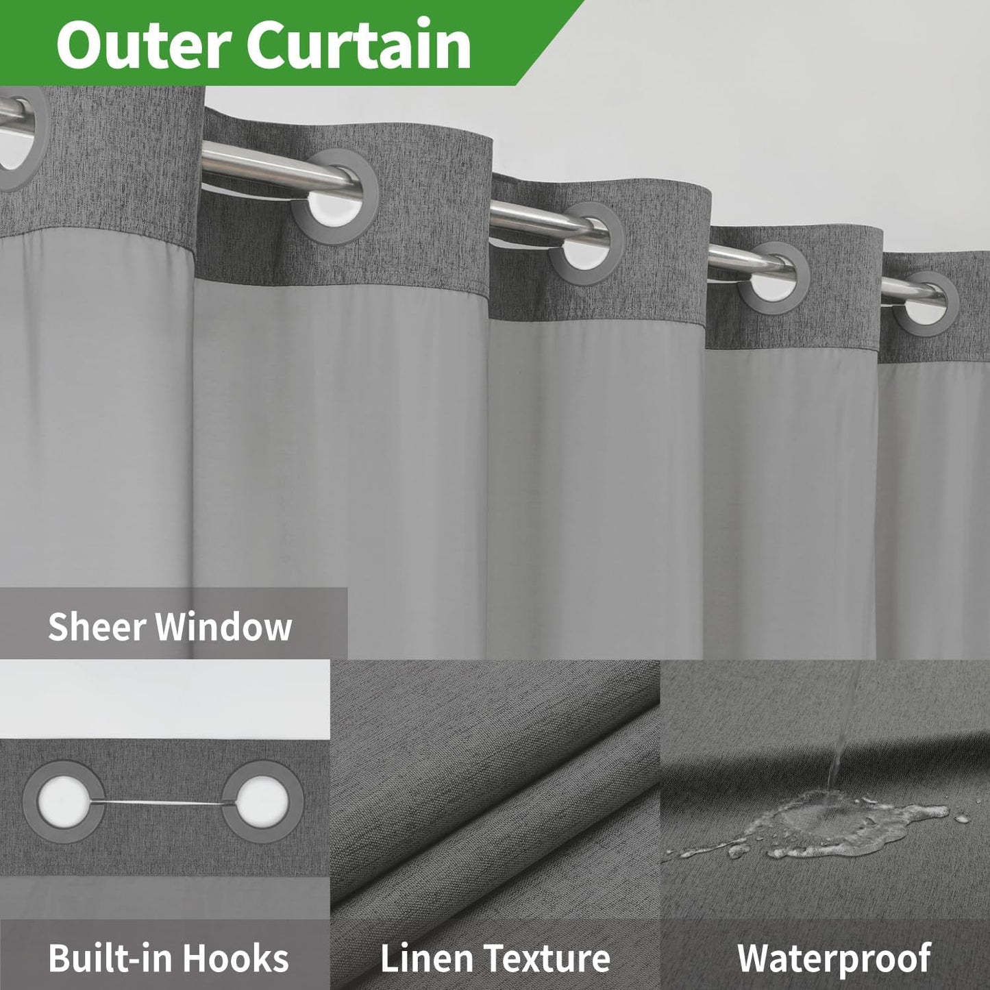 Stall No Hooks Needed Linen Textured Shower Curtain with Snap-in Fabric Liner Set,Hotel Luxury Decor Farmhouse Shower Curtains for Bathroom,Waterproof & Washable,54Wx80H,Charcoal Grey