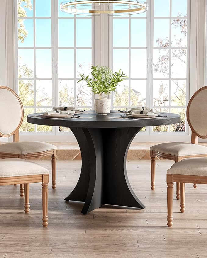 LITTLE TREE Round Dining Table for 4-6, 47.24 Inches Farmhouse Wooden Kitchen Table with Spacious Tabletop for Dining Room, Black