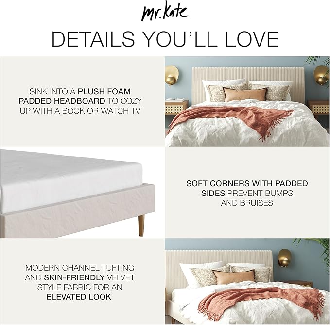 Mr. Kate Daphne Upholstered Bed with Vertical Channel Tufted Headboard, Full, Ivory Velvet
