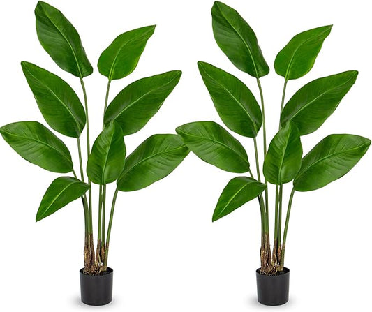 Hollyone 2pcs Large Bird of Paradise Artificial Plant in Pot 4FT Tall Fake Bird of Paradise Plant Faux Tropical Palm Tree Faux Plantain Banana Leaf for Indoor Outdoor Home Office Garden Decor 8 Leaves