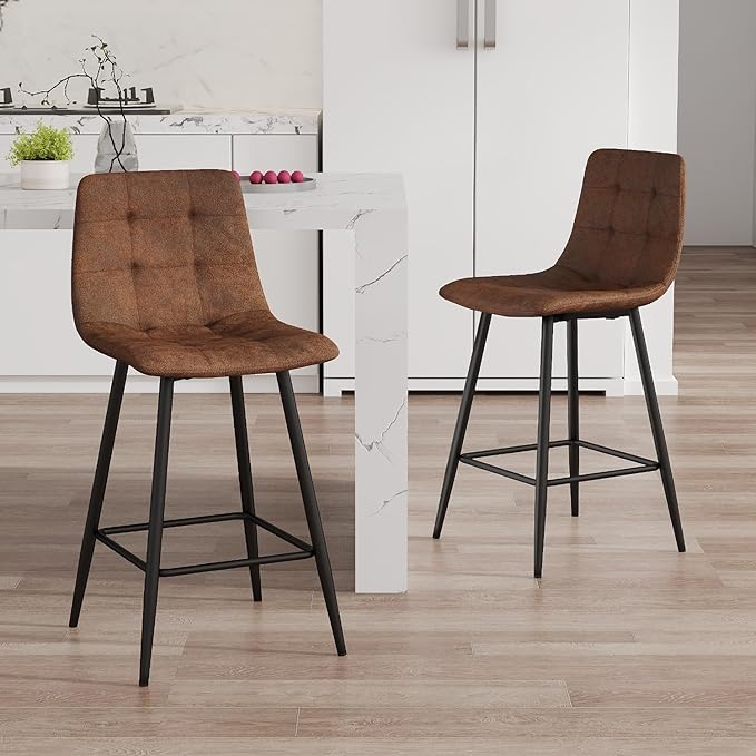 Brown Barstools Set of 2, 24.4" Counter Height Bar Stools with Back & Metal Footrest, Modern Island Chairs Set of 2 for Kitchens Island Home Bar