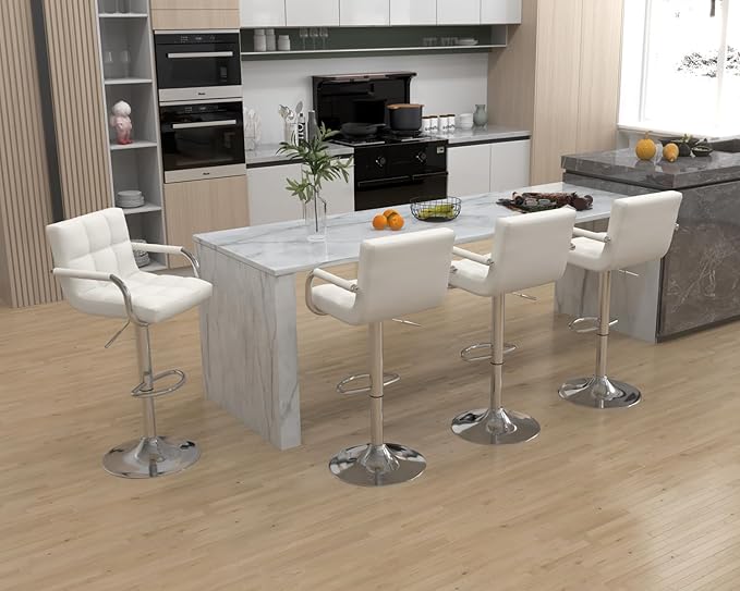 Modern PU Leather Bar Stools Set of 4, Adjustable Swivel Square Bar Chairs, Counter Height Barstools with Arms and Large Base for Island/Kitchen(White)