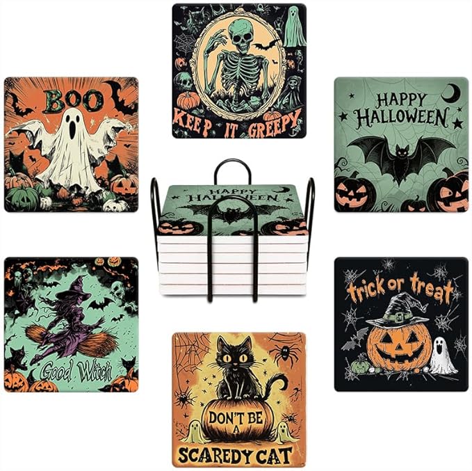Halloween Drink Absorbent Coasters with Holder Set of 6, Ceramic Stone with Cork Base, Vintage Pumpkin Coaster for Drinks, Gift for Housewarming Room