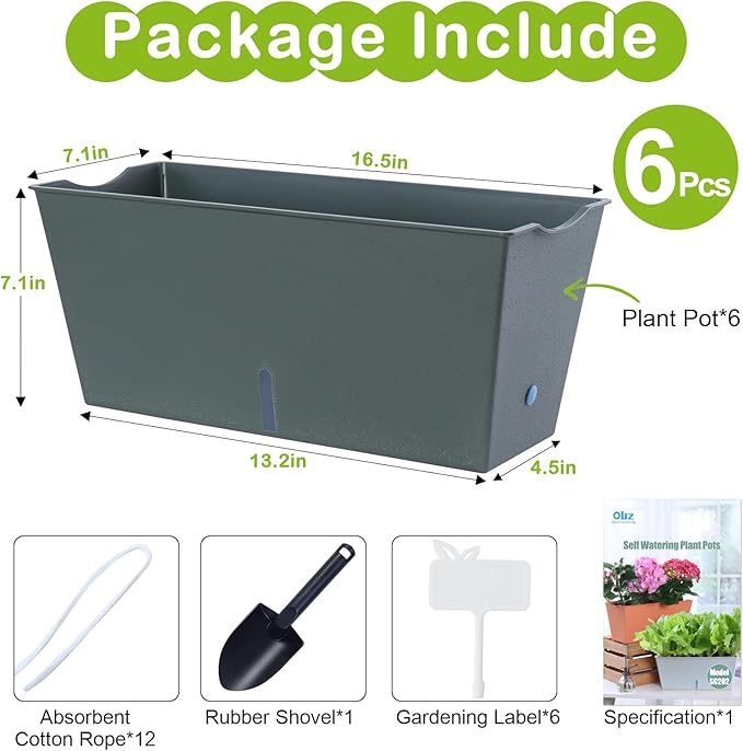 Window Box Planter 6 Pcs, 16.5 Inches Self Watering Rectangle Flower Plant Pots with Drainage Holes Trays, Vegetable Planters for Windowsill Patio Garden Balcony Porch Yard (Dark Green)