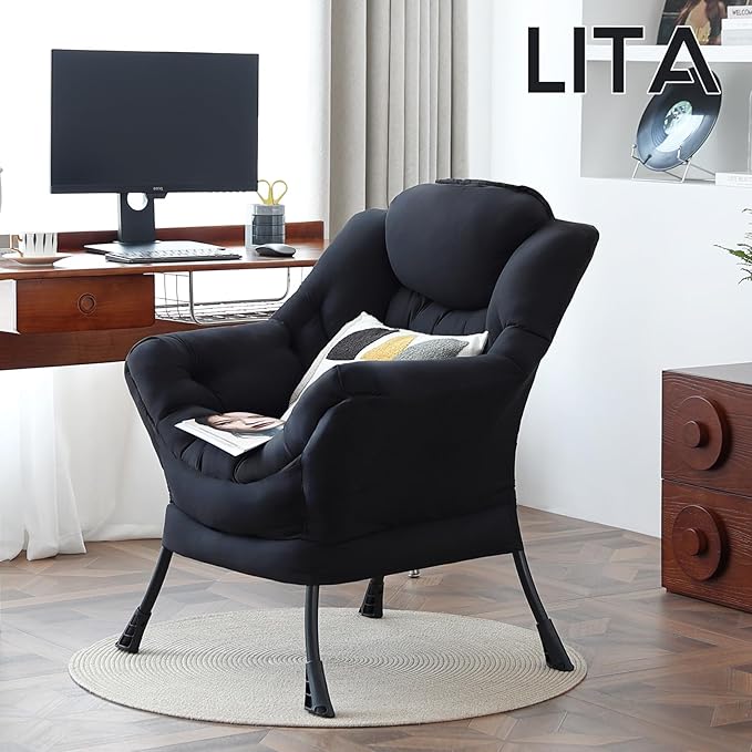 LITA Lazy Chair with Ottoman, Modern Accent Leisure Upholstered Sofa, Contemporary Lounge Reading Chair with Armrests and a Side Pocket for Living Room, Bedroom & Small Space, Single Black