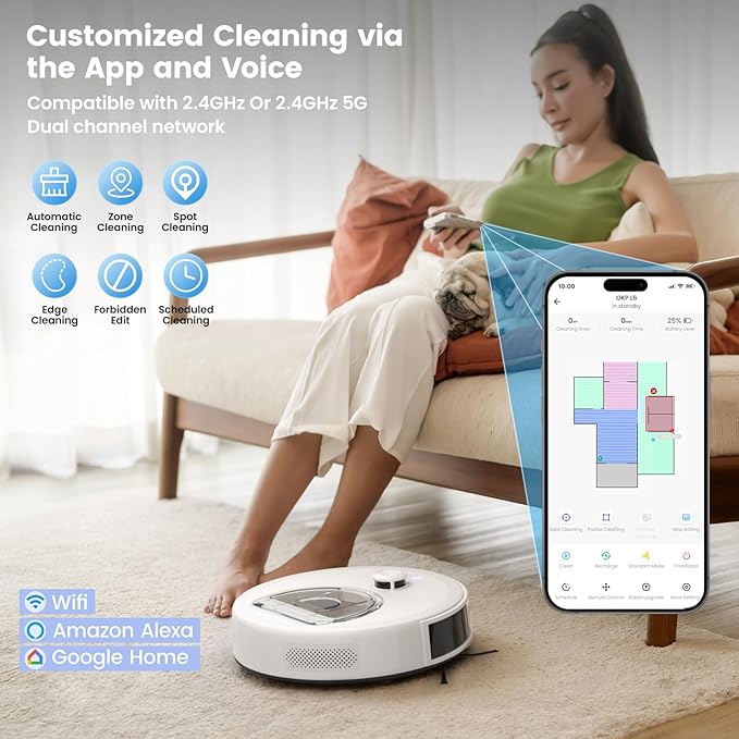 OKP LiDAR Robot Vacuum and Mop, 450ml Visible Dustbin, Upgraded 190° PSD Obstacle Avoidance, Customized Cleaning, Multi-Floor Mapping, 150 Mins Runtime, WiFi/Alexa/APP, Pet Hair & Carpets, White