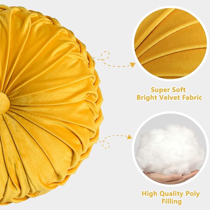 HIG Set of 2 Decorative Round Pleated Throw Pillows, Classy Accent Pumpkin Throw Pillows with Center Button, Vintage Velvet Floor Pillow for Sofa Couch Vanity Chair Bed, Yellow, 14.5" Diameter(RIPPLE)