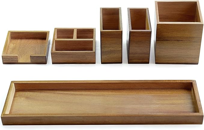 Wood Vanity Tray, 6-Piece Small Bathroom Counter Organizer Wooden Decorative Trays Rectangular Perfume Jewelry Makeup Cosmetic Holder Set - Holds Small Items
