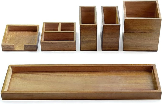 Wood Vanity Tray, 6-Piece Small Bathroom Counter Organizer Wooden Decorative Trays Rectangular Perfume Jewelry Makeup Cosmetic Holder Set - Holds Small Items
