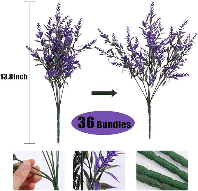 RECUTMS Artificial Fake Outdoor Plants Flowers for Spring Decoration, 36 Bundles Faux Plastic Plants Outdoor Flowers UV Resistant Realistic for Home Outside Planter Window Porch Patio Garden(Purple)