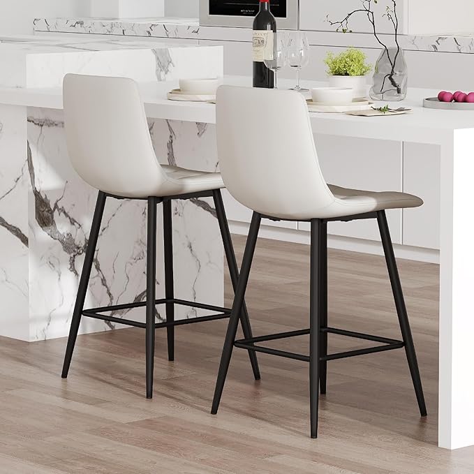 White Barstools Set of 2, 24.4" Counter Height Bar Stools with Back & Metal Footrest, Modern Island Chairs Set of 2 for Kitchens Island Home Bar