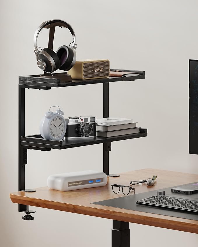 Clamp On Desk Shelf 2-Tier, 16.5 in Wood Shelving Unit for Office Desk/Gaming Accessories, Tabletop Book Storage Rack, Shelf for Top of Desk, Black