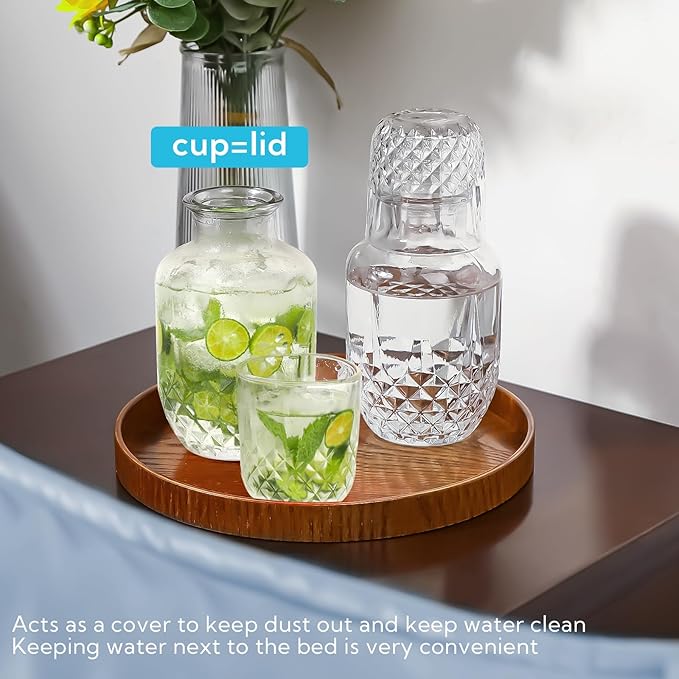 3 Set Bedside Water Carafe and Glass Set 18 OZ Vintage Glass Water Pitcher with 5 OZ Cup Set Clear Glass Water Pitcher for Bedroom,Bar,Bathroom,Hotel,Restaurant,Juice,Mouthwash Container,Style-2