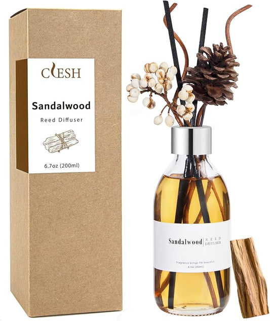 Clesh Reed Diffuser Set, 6.7 oz Sandalwood Scented Diffuser with Sticks, Home Fragrance Reed Diffuser for Bathroom Shelf Decor