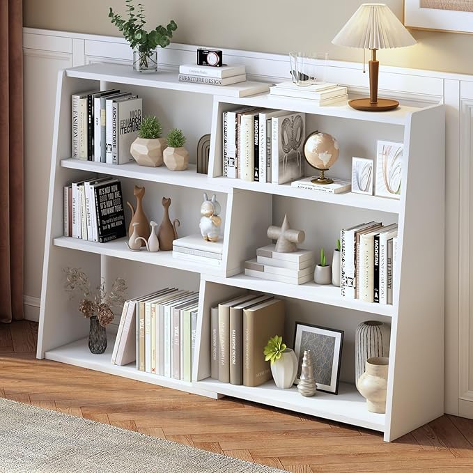 IOTXY Wooden Extendable Shelf Bookcase - 3-Tier Ladder Low Short Bookshelf for Small Space or Corner, White, L