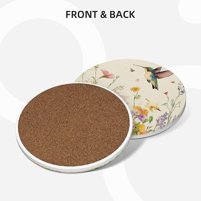 Watercolor Spring Hummingbird Coasters for Drinks Absorbent Ceramic Coaster Set of 4 for Coffee Table Cup Bar Desk Round Coasters Mat with Cork Base Seasonal Home Decors