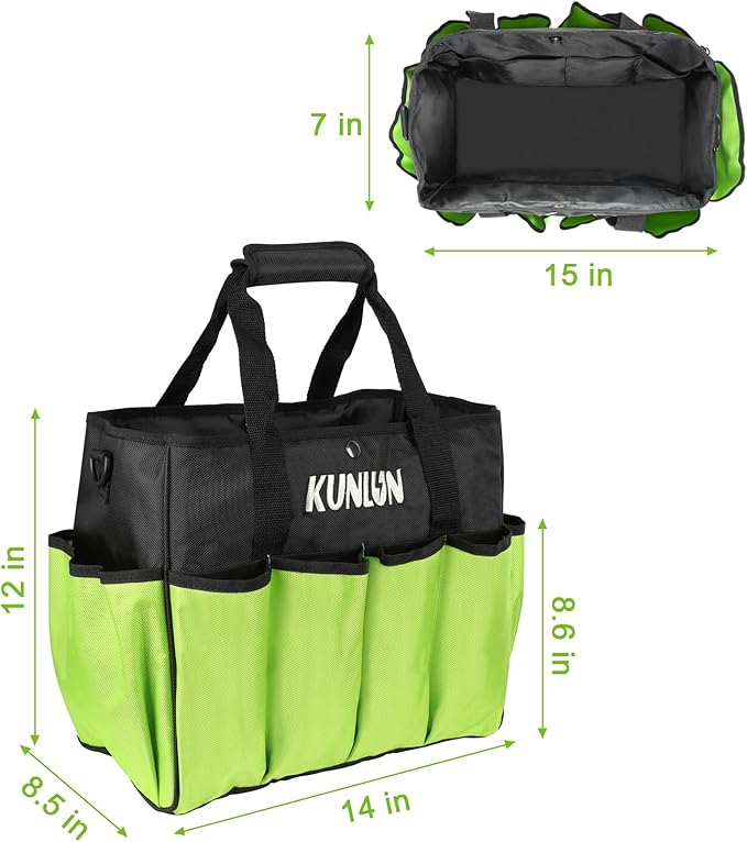KUNLUN Gardening Tote Bag, Garden Tool Bag with 14 Pockets & Elastic Belt, Heavy Duty Standable Garden Tote Storage Bag with Long Adjustable Shoulder Strap for Indoor and Outdoor Use