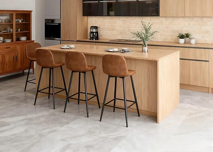 Modern Bar Stools Set of 4,Brown Techno-Fabric Counter Height Bar Stools,24.6" Bar Chairs with Back Metal Footrest,Modern Counter Stool with Back and Footrest for Kitchen Island Restaurants Pubs