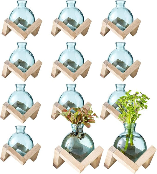 Plant Propagation Station, Plant Terrarium with Wooden Stand for Hydroponic Plant Propagation, Propagation Vases for Plants, Green Glass Bulb Vases for Home Office Decor (12)