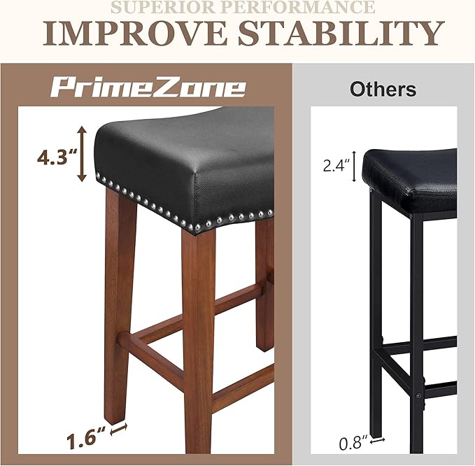 PrimeZone Counter Height Bar Stools Set of 6 - Backless Saddle Barstools with 4.3" Thick Upholstered, Nailhead Trim Faux Leather & Solid Wood Legs, 26 Inch Counter Stools for Kitchen Island, Black