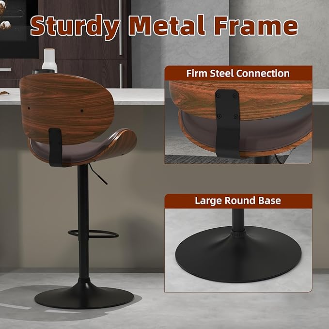 civama Bar Stools 1 PC for Kitchen Counter, Adjustable Bar Height Chairs, Modern Swivel Barstools with Bentwood Seat and Back with Footrest for Kitchen Island, Dining Room, Brown PU Leather