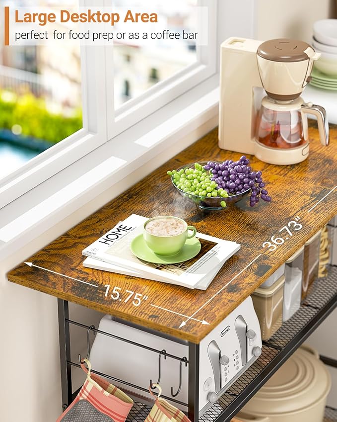 Kitchen Island with 3 Shelves, Rolling Kitchen Cart with 6 Hooks and Protective Shelf, Microwave Stand on Lockable Wheels, Bakers Rack Coffee Bar for Dining, Living Room, Outdoor, Metal Frame