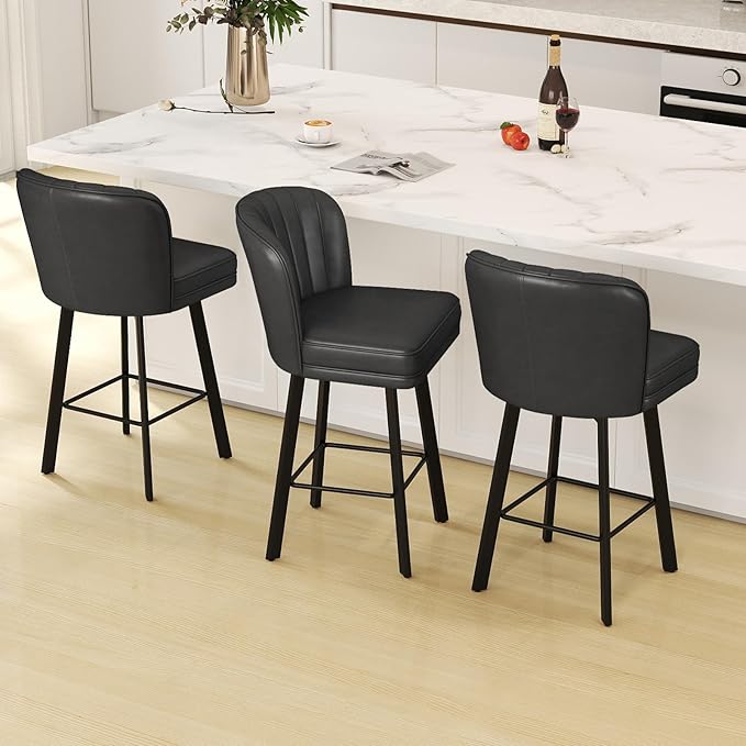 Swivel Counter Height Bar Stools Set of 2, 26'' Modern Barstools with Backs and Metal Legs, Upholstered Bar Chairs, Faux Leather Black Stools for Kitchen Island Chairs