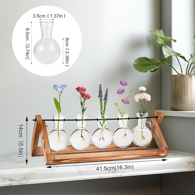 Retro Wood Stand Plant Terrarium with 5 Air Planter Bulb Glass Vases, Perfect for Home, Office, or Wedding Decor. Great Desktop Propagation Station and Plant Lover Gift for Women (5 Bulb Vase)