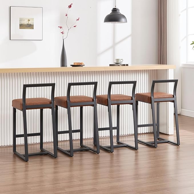 26’’ Modern Bar Stools Set of 2, Upholstered PU Leather Bar Chairs with Backrest Armless Counter Height Stools with Metal Frame for Kitchen Island Dining Room, Brown