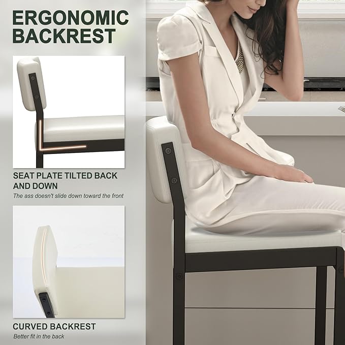 Mid Century Modern Counter Height Bar Stools Set of 3, 26" Bar Height Chairs with Backs, Upholstered Counter Stools, Metal Barstools for Kitchen Island (White- Faux Leather, 26"H - Set of 3)