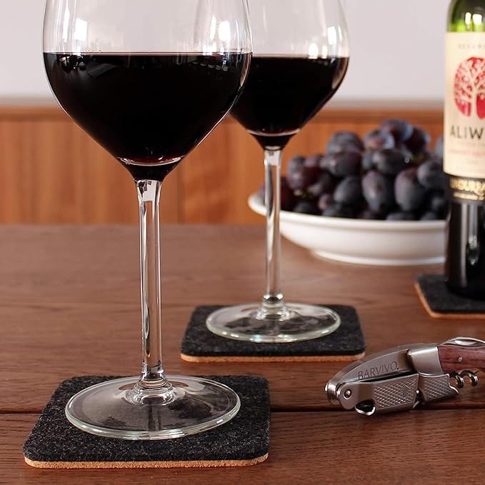 Barvivo Classic Felt Coasters for Drinks - Set of 8 Cork Coasters with Felt Side for Indoor and Outdoor Tabletop Protection, Anti Slip, Absorbent, Suitable for Drinks & All Table Types - Black Design