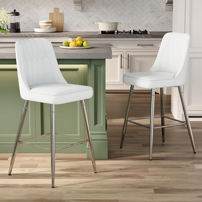 White Bar Stools Set of 2,27" Counter Height Bar Stools Set of 2,Faux Leather Counter Stools with Soft Padded Seat & Curved Backrest,Modern Kitchen Island Chairs for Dining Café