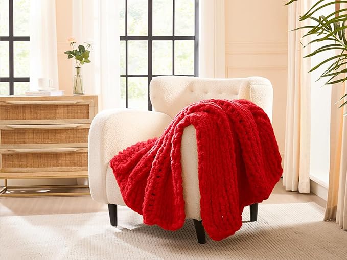 L'AGRATY Chunky Knit Blanket Throw - Soft Chunky Throw Blankets 40x50: 100% Hand Kintted Chenile Crochet Large Cable Knit Blanket - Rope Knot Throw Blankets for Couch Home Decor(Red)