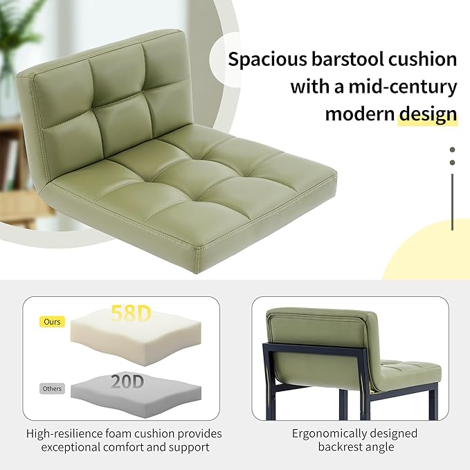 Bar Stools Set of 3, Upholstered PU Leather Counter Height Barstools with Low Back and Thickened Metal Legs, Modern Counter Stools for Kitchen Island (Avocado Green, 3Pcs 26" Bar Stools)