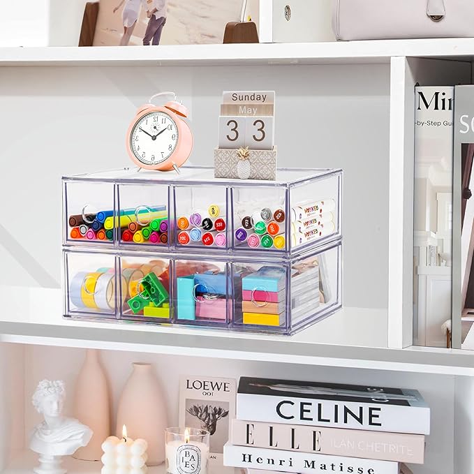 Desk Organizer with 8 Drawers, FODIENS 2 Packs Stackable Desktop Storage Box with Removable Drawer, Clear Sunglasses Organizer Display Case for Stationery Marker Pens Eyeglasses Office Supply