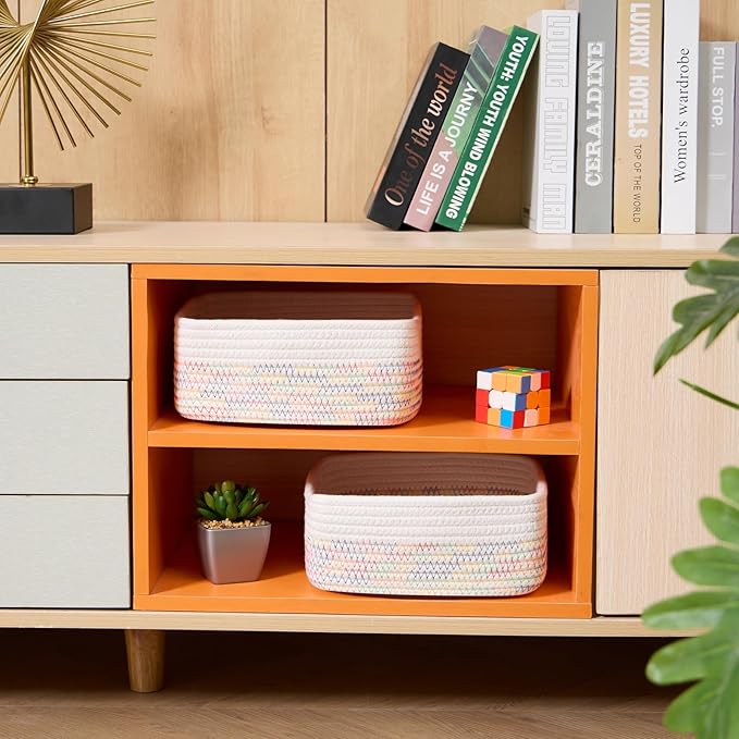 Small Square Shallow Baskets for Organizing, 9.7x9.7x4.3 Inch Rope Woven Storage Bins for Cubes Closet, Shelves Storage, Boho Decorative Basket, 2 Packs Off White Rainbow