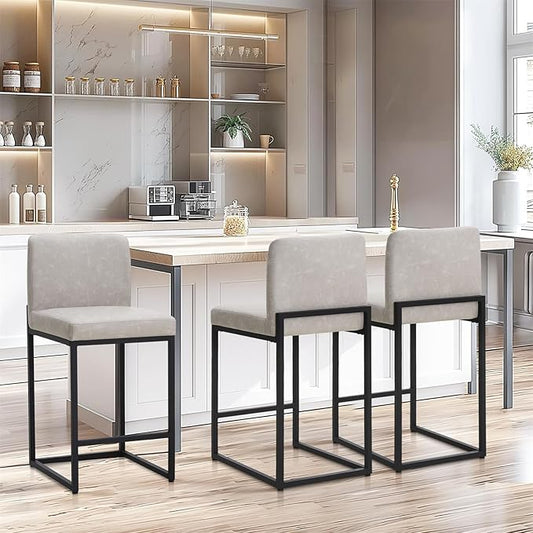 Sophia & William Light Grey Bar Stools Set of 3, Modern PU Leather Counter Height Barstools with Back, 24" Kitchen Island Bar Chairs