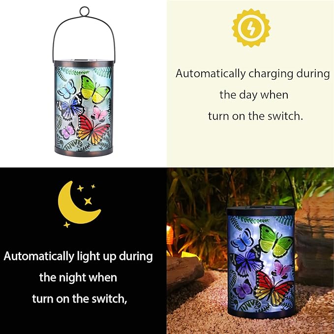 Afirst Hanging Solar Lantern - Decorative Outdoor Glass Solar Butterfly Lights Waterproof Led Tabletop Lamp for Garden Yard Patio Decor