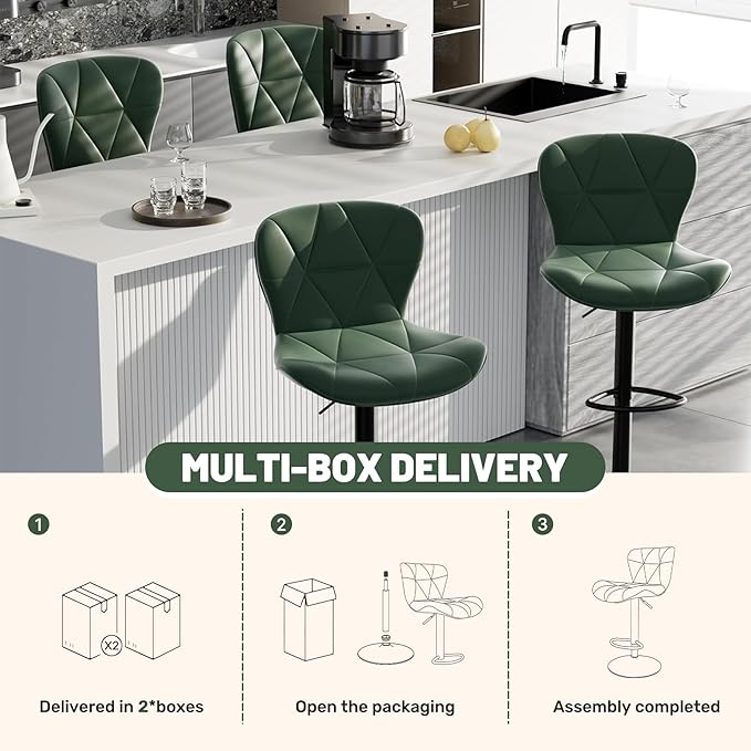 Bar Stools Set of 4,Adjustable Swivel Barstools, Faux Leather Bar Chairs,Upholstered Counter Height with High Backrest for Kitchen Island, Green