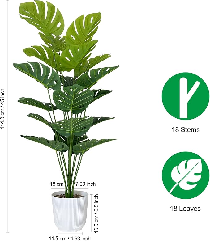 SAJANDAS Set of 2 Artificial Monstera Deliciosa Plants in Pots, Fake Tropical Trees with Greenery Leaves Stems, 45 Inch Faux Swiss Cheese Floor Plants for Porch, Garden, Office, Store, Home Decor