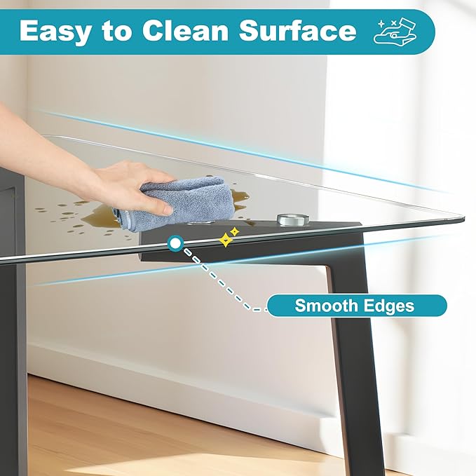 Dining Table for 6 Kitchen Table 51" Rectangular Modern Glass Dining Table Kitchen & Dining Room Tables with Glass Tabletop and Metal Legs for Dining Room and Kitchen, Black